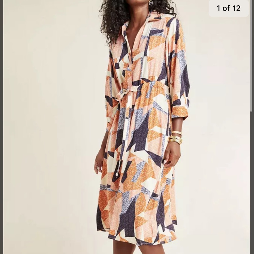 Anthropologie Corey Lynn Calter Abstract Geometric Printed Belted Shirt Dress S